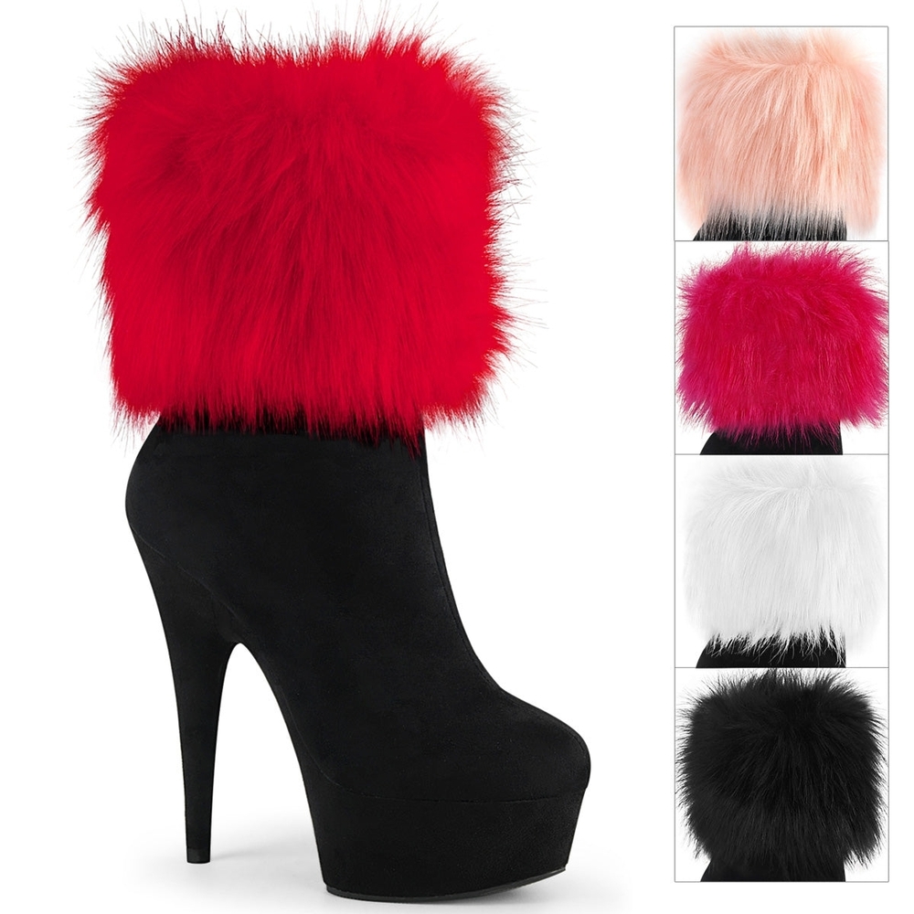 Pleaser Black Heeled Boots with Red, Pink, White, and Black Fur